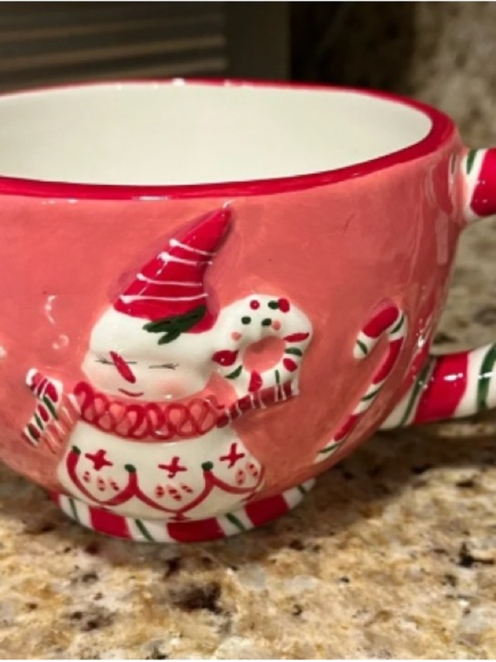 Festive Pink Ceramic Snowman Candy Cane Holiday Mug